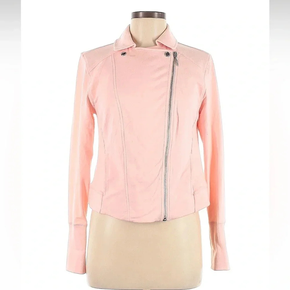 H by Halston pink knit Moto jacket w/ silver hardware, sz 8